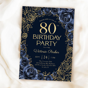 Convites Aniversário de 80 anos elegante em azul marinho e