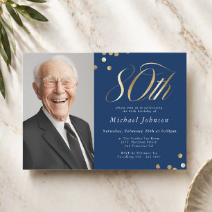 Convites Aniversário de 80 anos elegante em azul marinho e