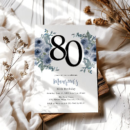 Convites Aniversário de 80 anos Elegante Floral Azul