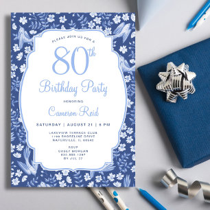 Convites Aniversário de 80 anos Elegante Floral Azul Femini