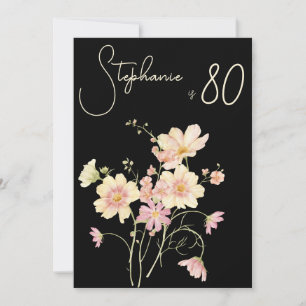 Convites Aniversário de 80 anos Elegante Floral Black Blush