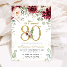 Aniversário de 80 anos Elegante Floral Borgonha e