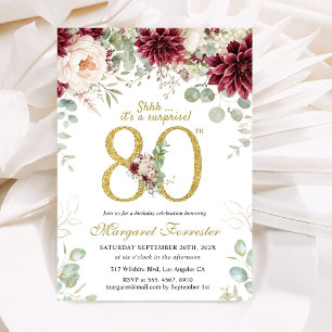 Convites Aniversário de 80 anos Elegante Floral Borgonha e