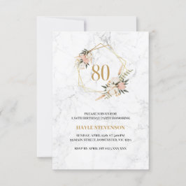 Convites Aniversário de 80 anos Elegante Rosa Floral Mármor