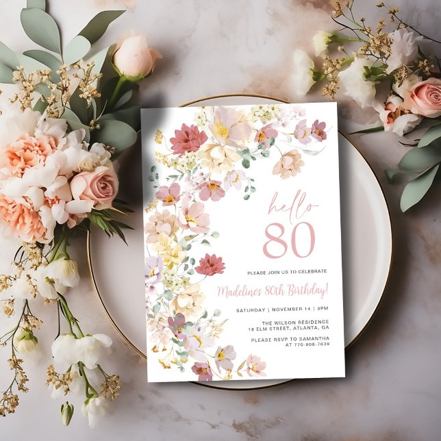 Convites Aniversário de 80 anos em Floral Rosa Encantado (Criador carregado)