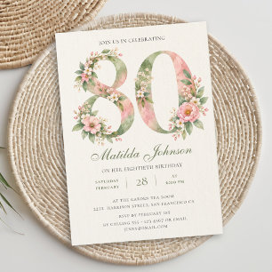 Convites Aniversário de 80 anos em Floral Sage Verde Rosa E