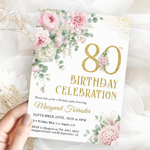 Convites Aniversário de 80 anos feminino Rosa Bege Dourado