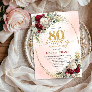 Convites Aniversário de 80 anos Floral Boêmia Borgonha Mile