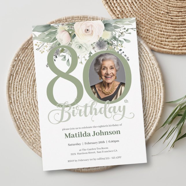 Convites Aniversário de 80 anos Floral Photo Sage (Criador carregado)