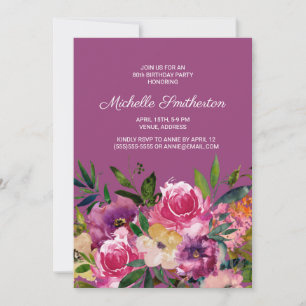 Convites Aniversário de 80 anos Floral Rosa Roxo Amarelo