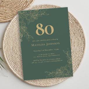 Convites Aniversário de 80 anos Floral Verde Elegante Doura