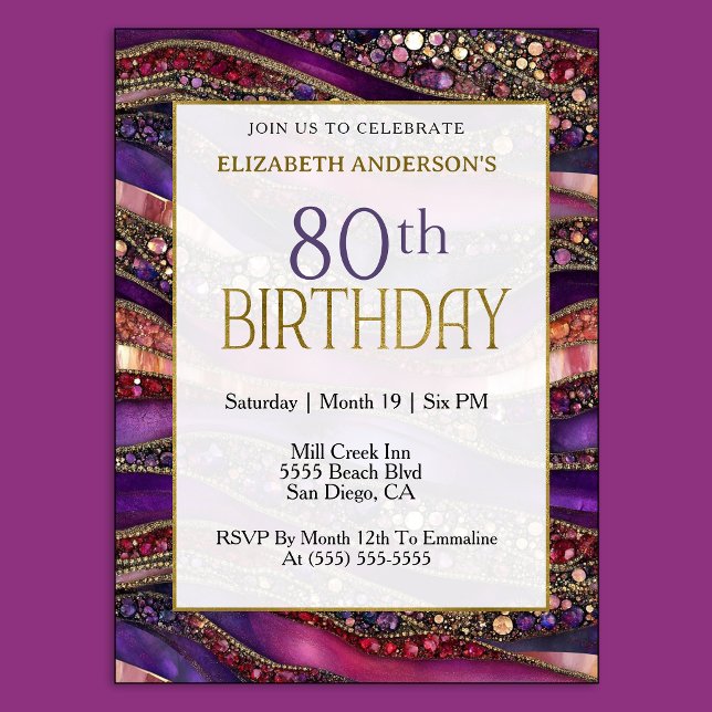 Convites Aniversário de 80 anos Moderno Roxo Dourado com Jo (Luxury purple and gold 80th birthday invitation with jeweled marble design and elegant style.
)