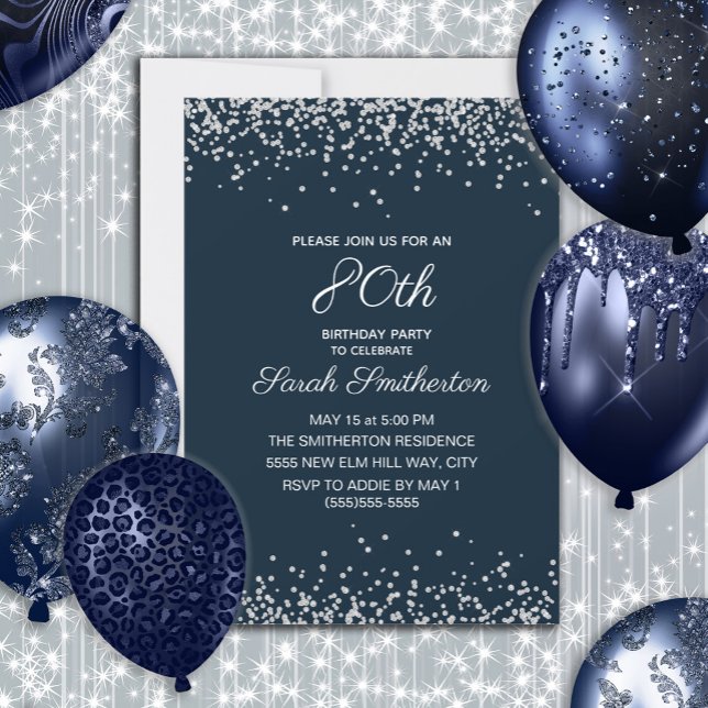 Convites Aniversário de 80 anos Navy Blue Silver Diamond Gl (Navy blue and silver glitter women's 80th birthday invitation customizable with your own text.)