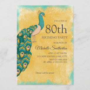 Convites Aniversário de 80 anos Pavão Aquarela Azul Turques
