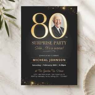 Convites Aniversário de 80 anos Preto Dourado Elegante Foto