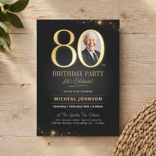 Convites Aniversário de 80 anos Preto e Dourado Moderno e E
