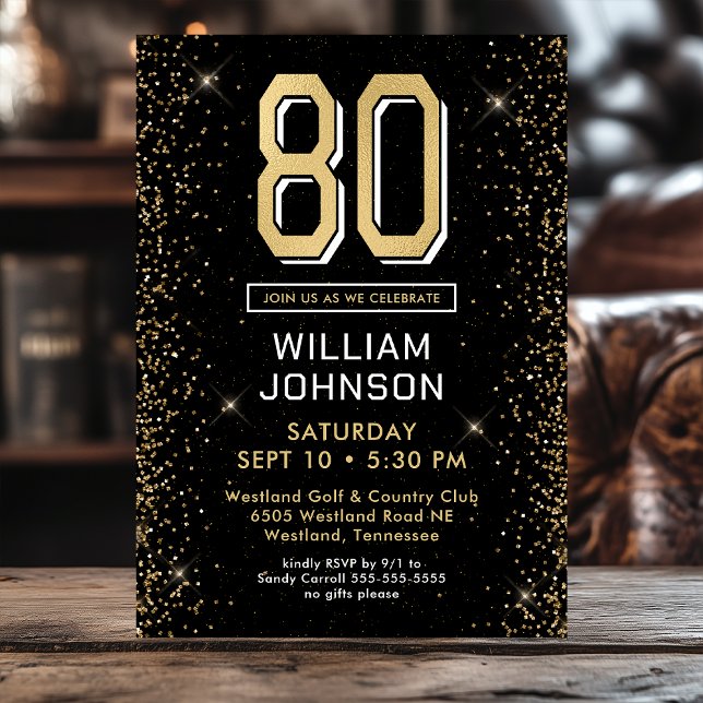 Convites Aniversário de 80 anos Preto Moderno (Criador carregado)