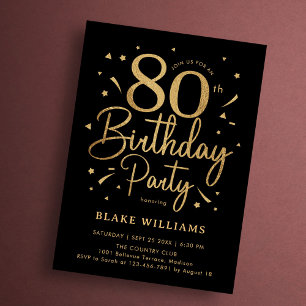 Convites Aniversário de 80 anos Preto Ouro