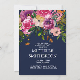 Convites Aniversário de 80 anos Rosa Roxo Floral Azul Marin