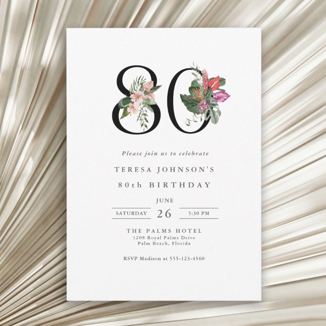 Convites Aniversário de 80 anos Simples Floral Tropical Ele (Available in both printed and instant download digital formats.)
