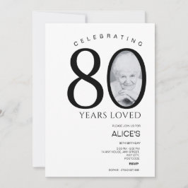 Convites Aniversário de 80 com Foto em Número, Preto e Bran