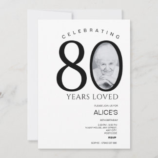 Convites Aniversário de 80 com Foto em Número, Preto e Bran