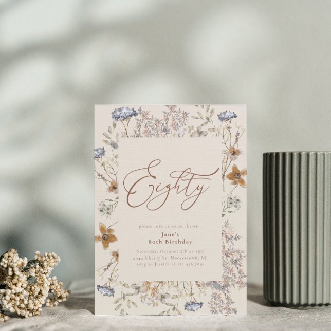 Convites Aniversário de 80 Floral de Aquarela Elegante (Criador carregado)
