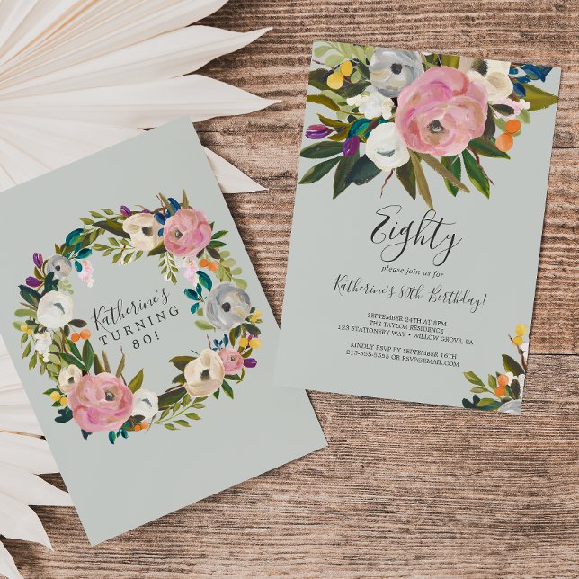 Convites Aniversário de 80 Floral Pintado (Criador carregado)