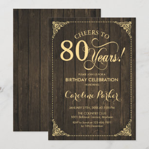Convites Aniversário de 80 - Madeira Rústica Dourada