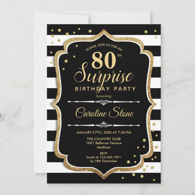 Convites Aniversário de 80 Surpresa - Branco Negro Dourado (Frente)