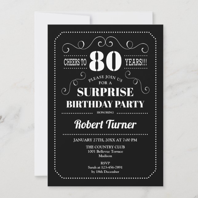 Convites Aniversário de 80 Surpresa - Branco Preto (Frente)