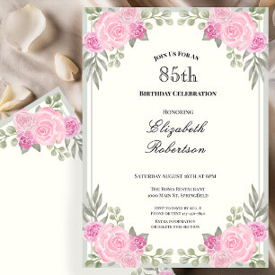 Convites Aniversário de 85 anos com flores rosa e verde sag