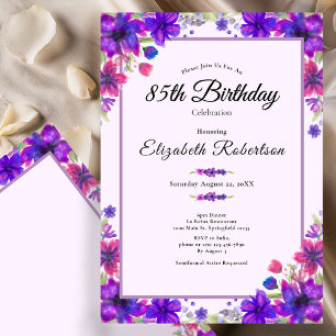 Convites Aniversário de 85 anos Elegante Floral Roxa