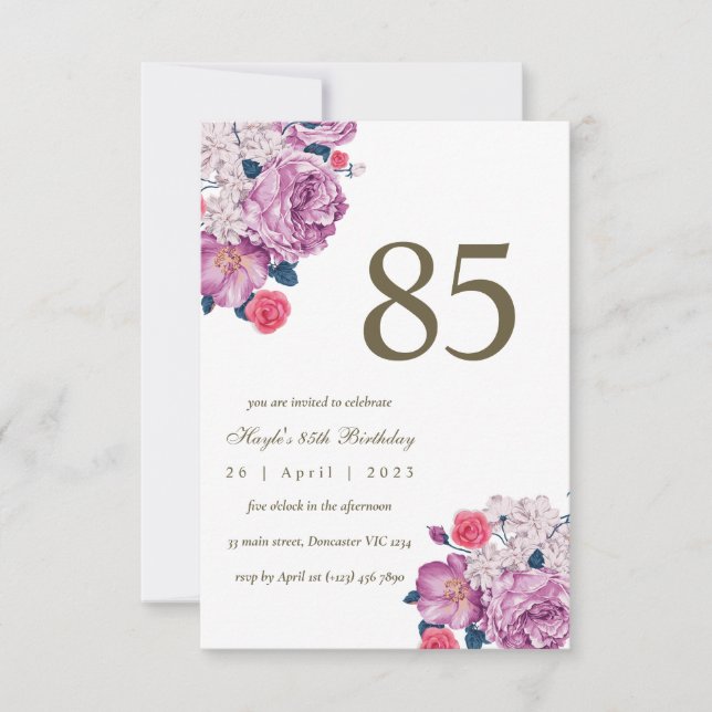 Convites Aniversário de 85 anos Purple Floral Botânico Simp (Frente)