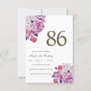 Convites Aniversário de 86 anos com estampa floral roxa bot