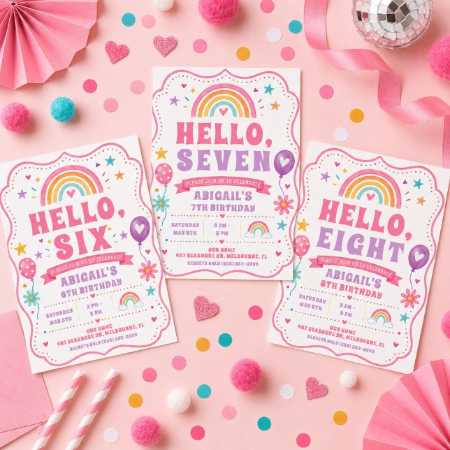 Convites Aniversário de 8 anos da Menina Arco-Íris Hello Ei (Hello Eight Rainbow Girl's 8th Birthday Invitation)