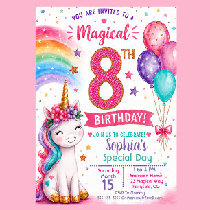 Convites Aniversário de 8 anos da Menina Unicórnio Mágico