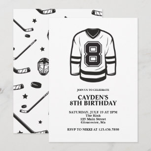 Convites Aniversário de 8 anos de Hockey preto e branco