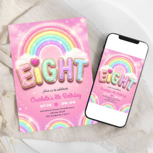 Convites Aniversário de 8 anos Pastel Pink Rainbow Sparkle