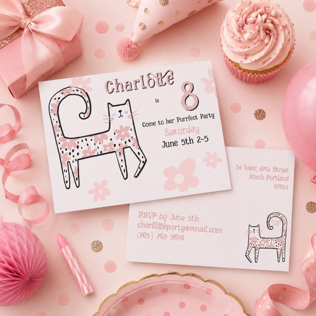 Convites Aniversário de 8 anos perfeito para gato cor-de-ro (Criador carregado)