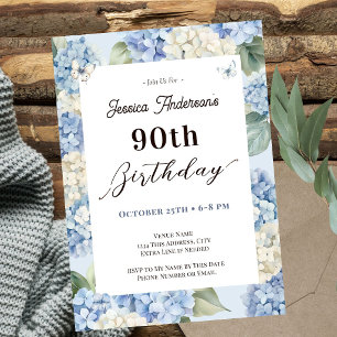 Convites Aniversário de 90 anos Blue Hydrangea Adult Garden