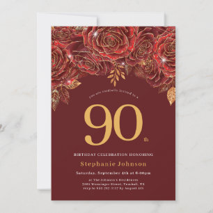 Convites Aniversário de 90 anos Burgundy Dourado Floral Ele