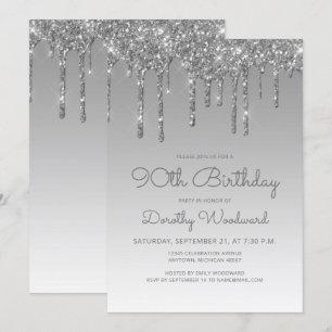 Convites Aniversário de 90 anos Chic Glitter Drip Prata