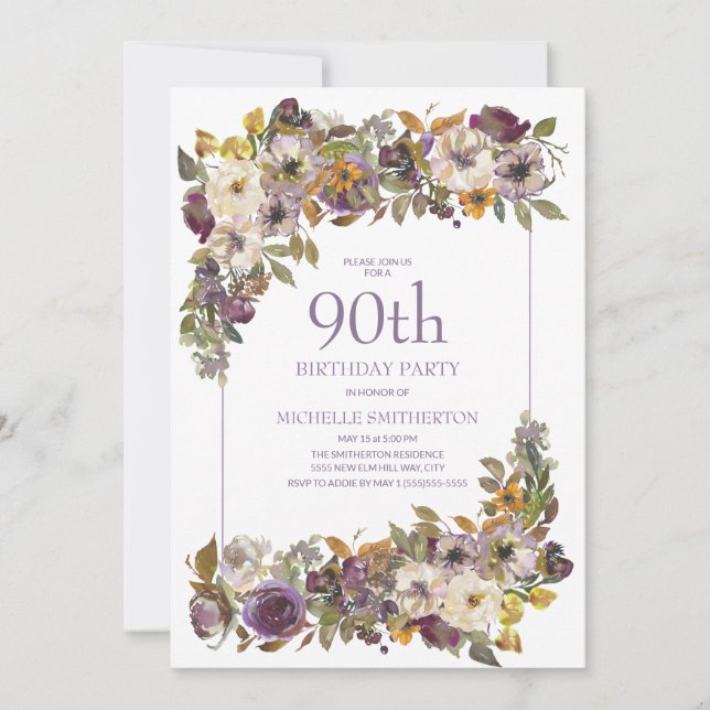 Convites Aniversário de 90 anos com Floral Folhagem Marfim  (Frente)