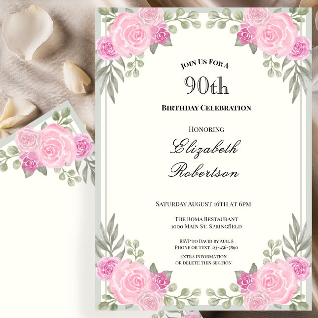 Convites Aniversário de 90 anos com flores rosa e verde man (Criador carregado)