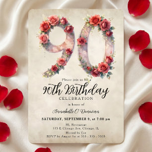 Convites Aniversário de 90 anos com Rosa Vermelha em Aquare