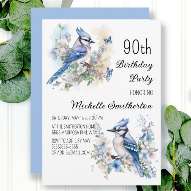 Convites Aniversário de 90 anos do pássaro azul-real flores (Criador carregado)