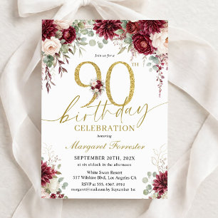 Convites Aniversário de 90 anos dourado Burgundy Floral Fem