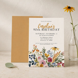 Convites Aniversário de 90 anos Elegante Floral Aquarela de