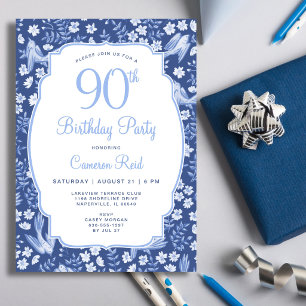 Convites Aniversário de 90 anos Elegante Floral Azul Femini